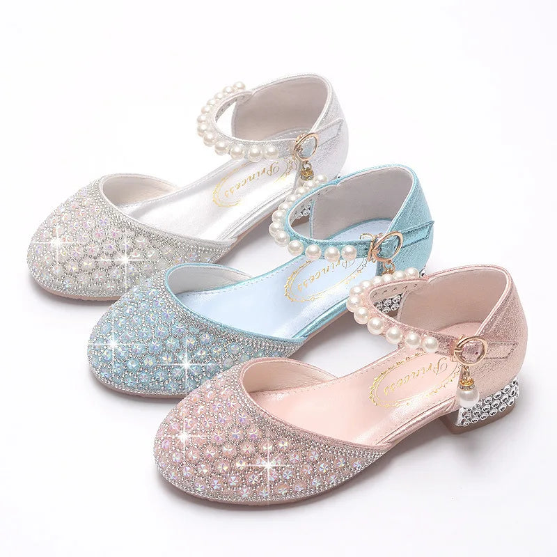 Girls Crystal Spring and Autumn New Blue Shiny Small High Heels Western-style Soft Bottom Cute Princess Shoes