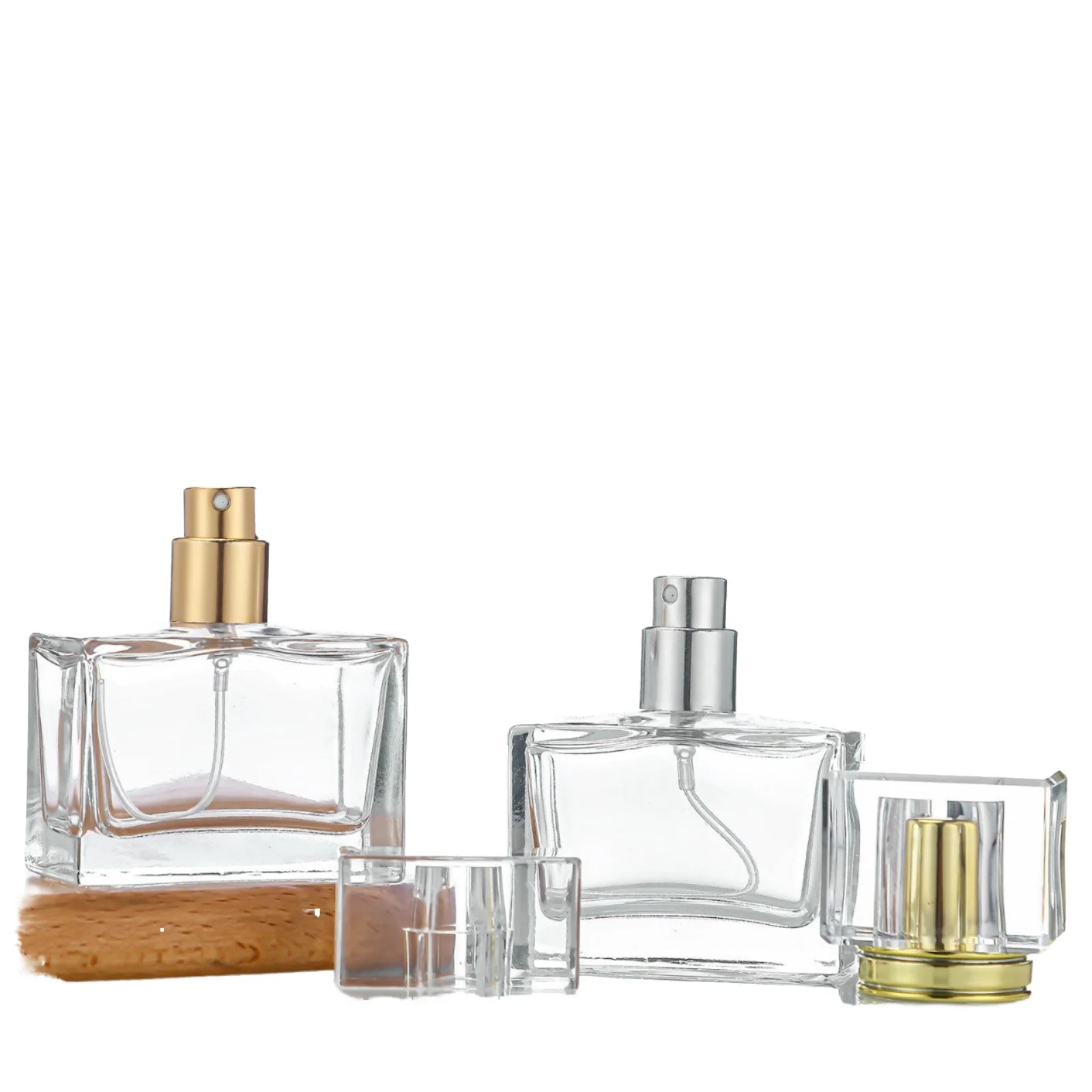 Wholesale 30ml 50ml Square Glass Perfume Bottles Empty Pump Sprayer Clear Cap Screen Printing UV Coating Cosmetic Sample Oils