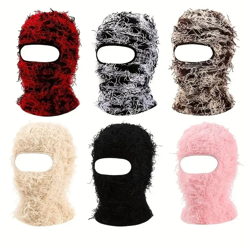 Winter Custom Embroidered Logo Winter Mohair Fur Ski Mask Balaclava Hat Stretchable Acrylic Knitted Full Face Cover