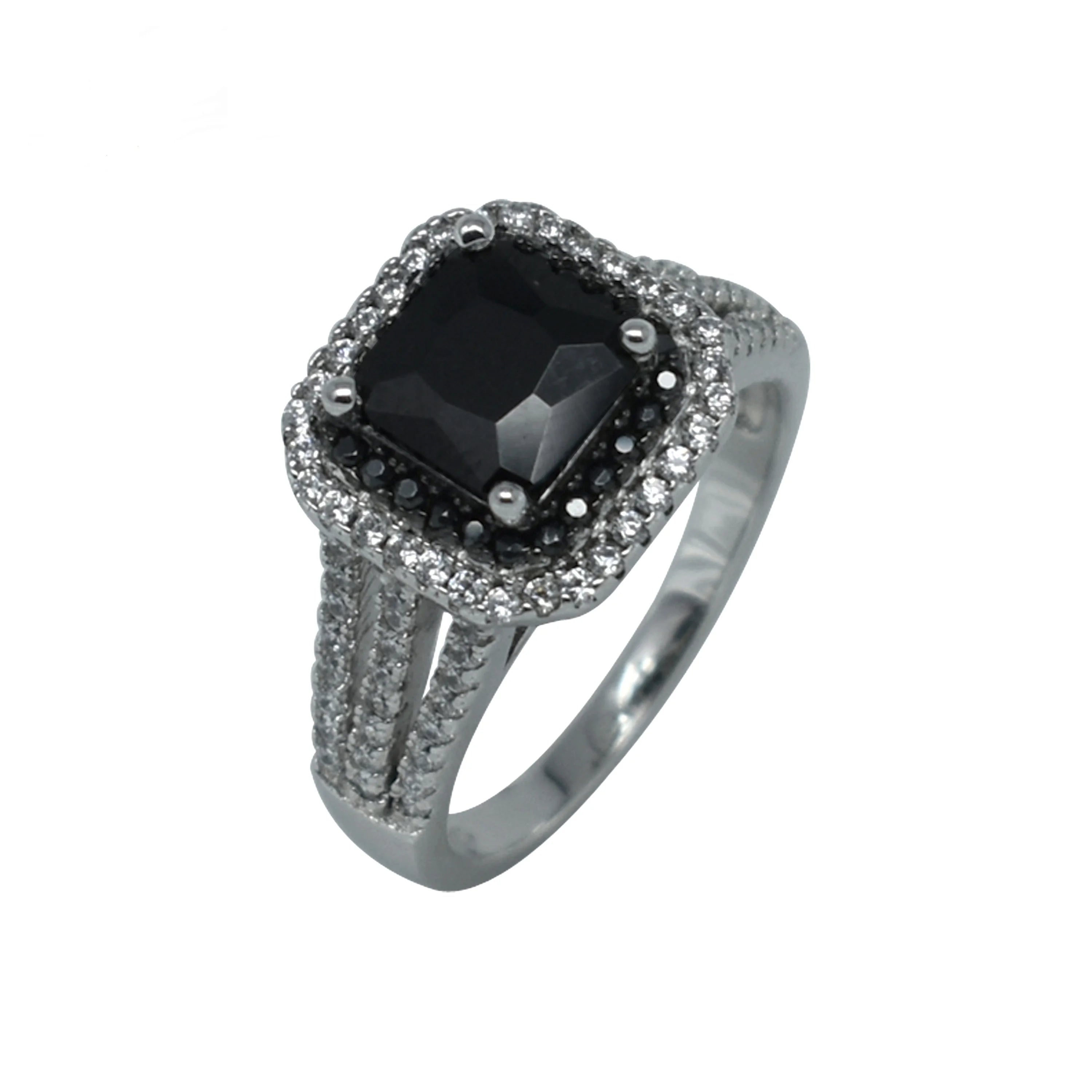 Handmade Cushion Cut Black Zircon Engagement 925 Sterling Silver Rings Women Split Shank Ring