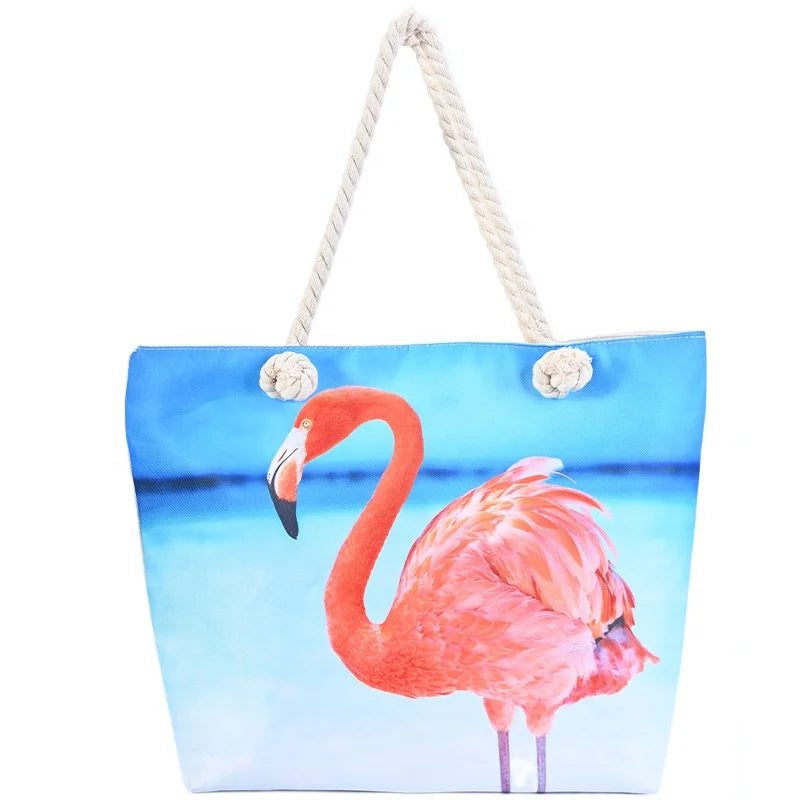 2024 Custom Factory Ladies Large Capacity Single Shoulder Travel Storage Tote Beach Bag Nice Flamingo Printed Zipper Closure