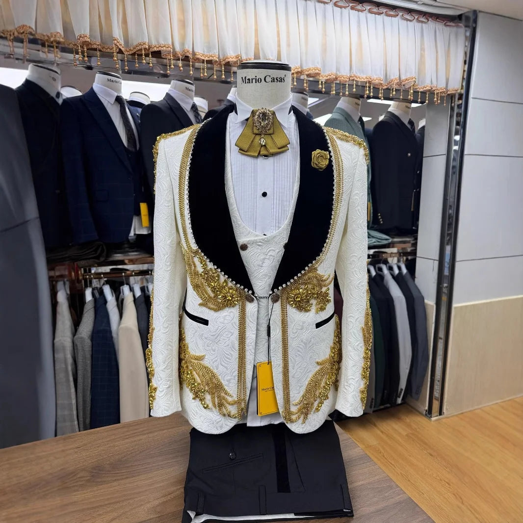 Men's Cross-Border Fashion 3-Piece Wedding Dress Suit Set Hand-Sewn Heavy Industry Pants with Zipper Fly Closure