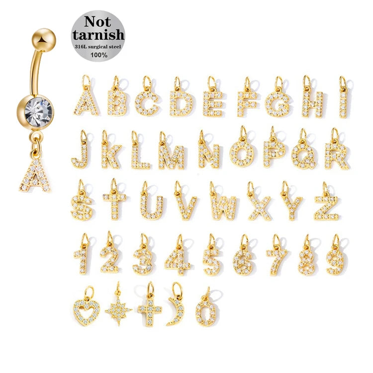 Gaby 316L Stainless Steel Fashion Navel Piercing Jewelry Gold Letter Word Pendant with Zircon Gold Plated Belly Button Ring