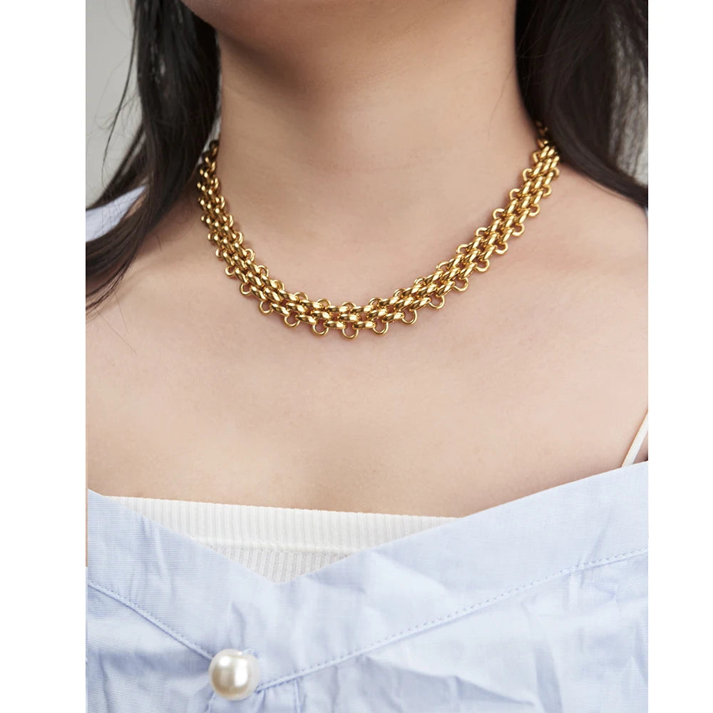 Fashion 18K Gold Plated Stainless Steel Vintage Smooth Thick Chain Choker Necklace for Women Jewelry Set Necklace P233412