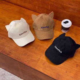 Landfond Accessory Fall/winter Cute Cat Ears Corduroy Baseball Cap Letter Embroidered Sport Cap