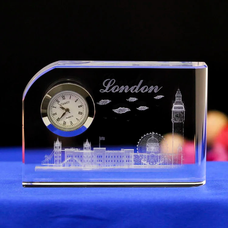 Customized Promotion Gifts Crystal Clocks with 3D Laser Engraving