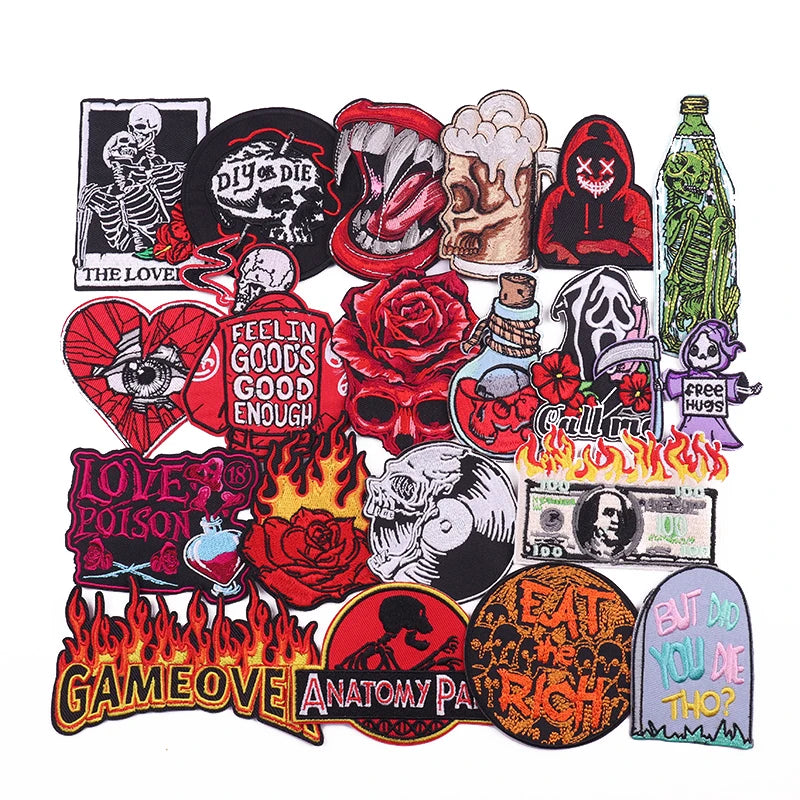 Skull Flame Iron on Patches Thermocollant Embroidery Patch Bulk Custom Wholesale Fusible Embroidered Patch Decoration