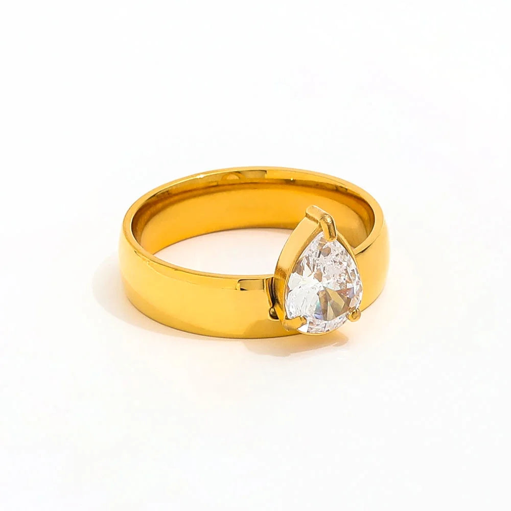 Joolim High-End 18K Gold-Plated Stainless Steel Women's Water Drop Zirconia Band Ring Non-Tarnishing Jewelry