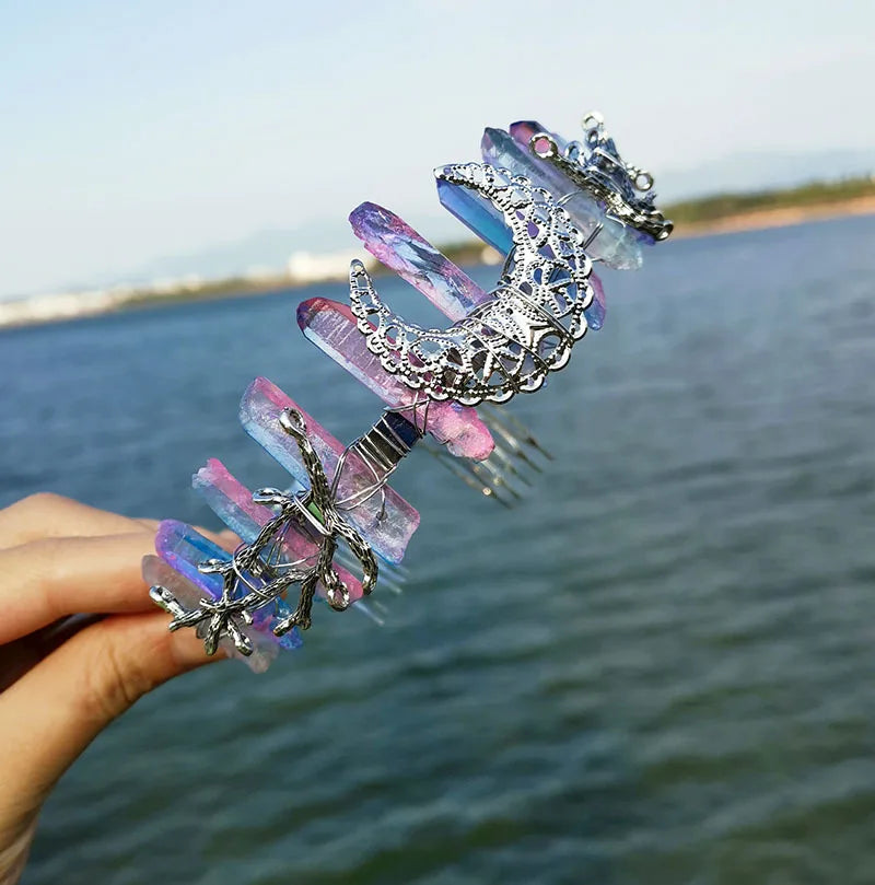 HY Popular Selling Natural Plating Crystal Purple pink Hairband Moon Ancient Silver Branch Hair Comb Crown Headband