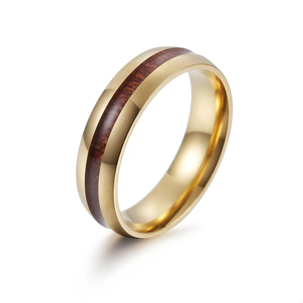 Wholesale High Polished 6mm Stainless Steel Oil Dripping Inlay Koa Wood Rings for Men Wedding Band Rings Jewelry