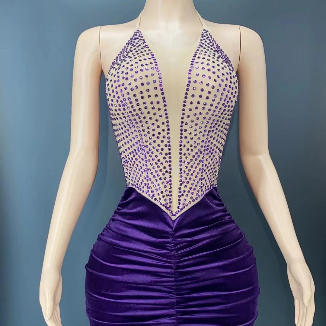 Sexy Club See Through Tassel Purple Dropship Fitness Clothes Luxury Evening Crystal Beading Ladies Party Wear