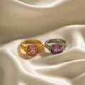 Trend Fashion Stainless Steel 18k Gold Pink Zircon Couple Ring Set Jewelry Rectangular Diamond Moissanite Ring