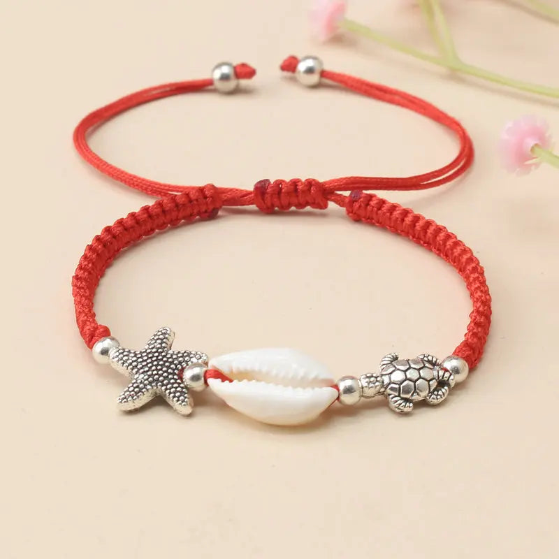Pulsera Tortuga Red Bracelet Handmade Beach Adjustable Starfish Braided Woven Tortoise Turtle Charm Shell Turtle Bracelet