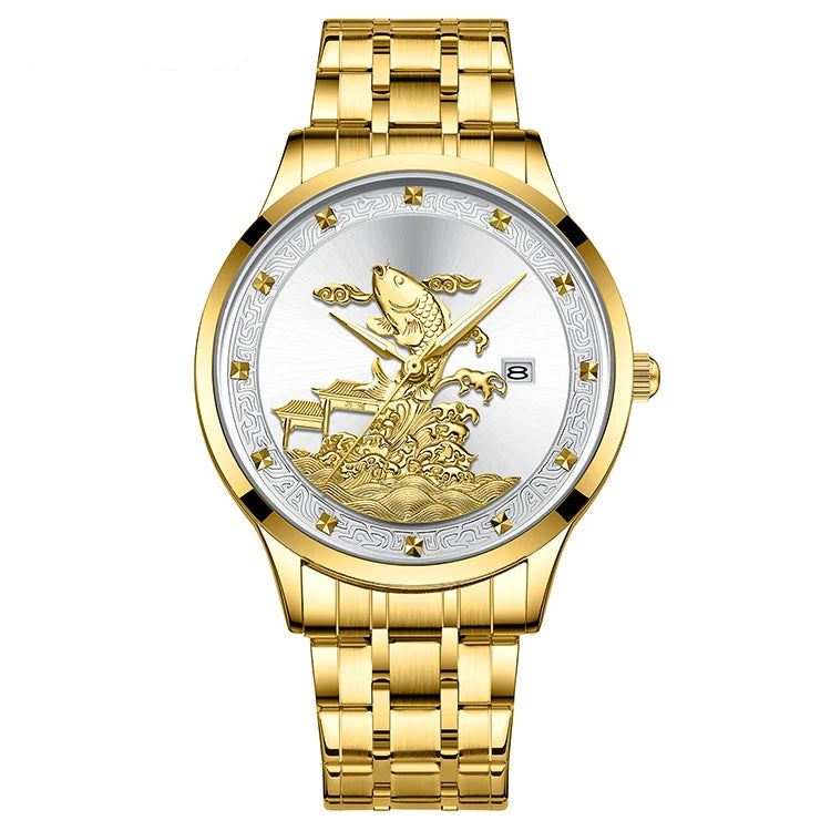 Luxury Stainless Steel 3D Lucky Koi Fish Relief Men Watch Quartz Manufacturer Wristwatches Reloj Para Hombre