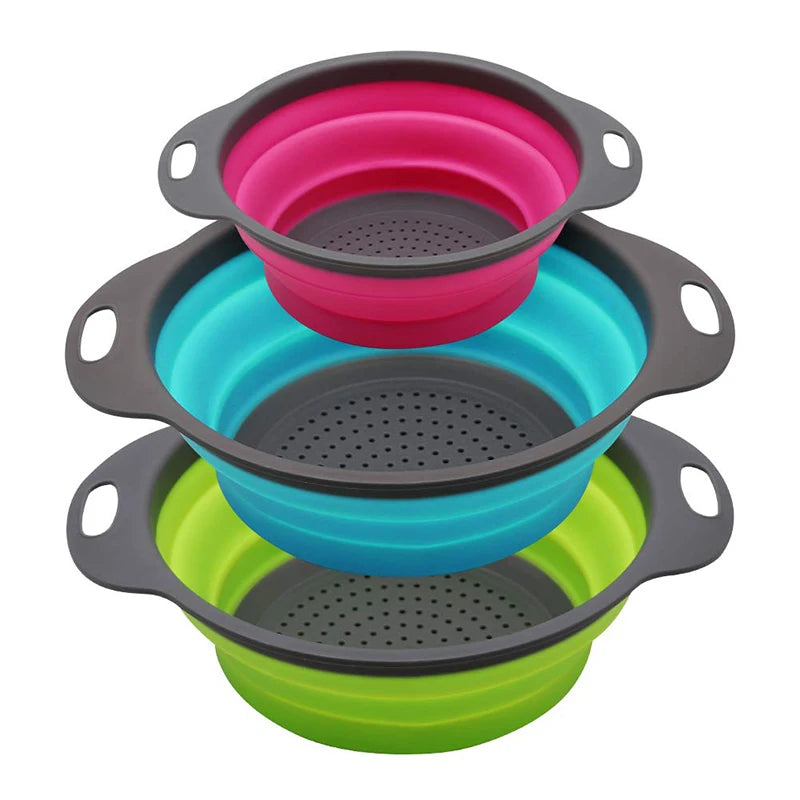 Wholesale Silicone Colanders Collapsible Round Home Kitchen Vegetable Fruit Pasta Drain Basket Silicone Kitchen Strainer Set