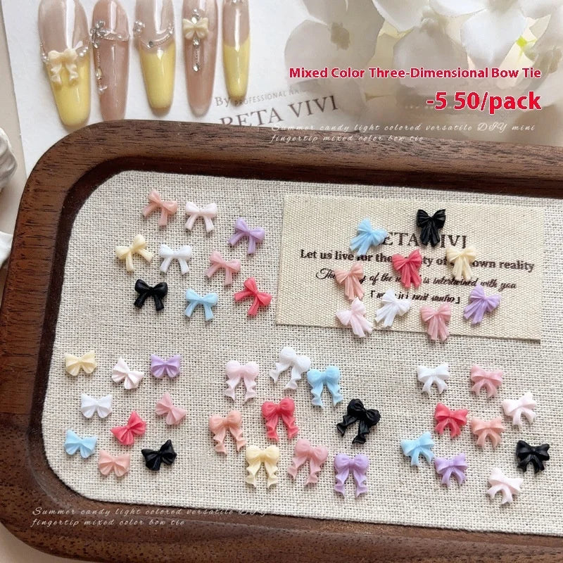 Paso Sico 50Pcs/bag Mini 3D Bow Nail Accessories Mixed Colors Resin Small Size Ribbon Diamond Nail Diamond Wholesale