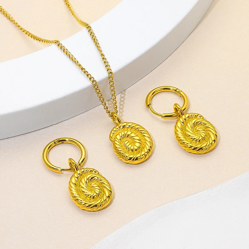 JUSNOVA Vintage 18k Gold Plated Spiral Jewelry Set Minimalist Women Stainless Steel Hypoallergenic Waterproof  Necklace Earrings