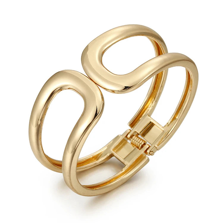 JADEAR Fashion Gold Zinc Alloy Punk Style Cuff Bracelets for Women Chunky Symmetrical Hollow Hinge Polished Frosted