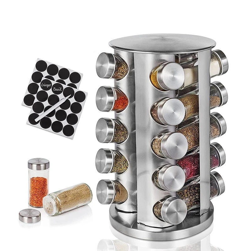 Round Carousel Spice Rack Tower Revolving Salt Pepper Spice Racks Jars for Spices Stainless Steel Kitchen Customized Logo Sliver