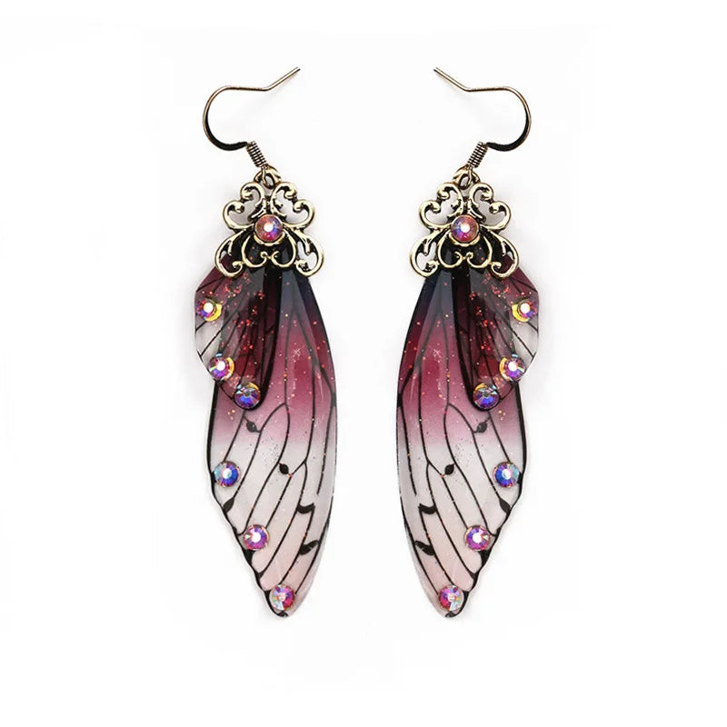 Romantic Handmade Fairy Simulation Butterfly Wing Earrings with Foil Rhinestone Crystal Crafts Drop Jewelry