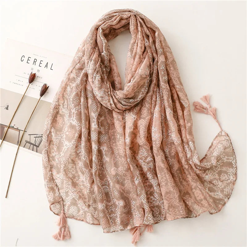 Fashion Animal Pattern Snake Print Cotton Voile Scarf With Tassel Ladies Trend pink Leopard Soft Cotton Printed Shawls Hijabs