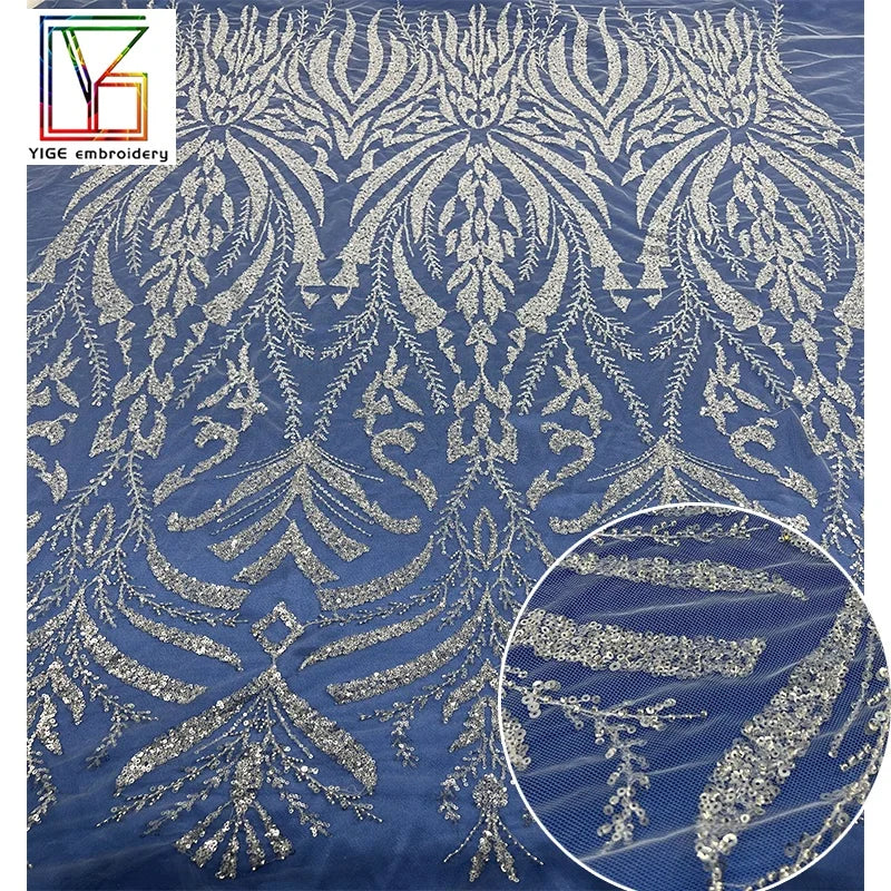 Elegant White Bridal Net Beads Sequin Lace Fabric French Tulle Shiny Beaded With Sequins Mesh Lace Fabric for Wedding Dresses