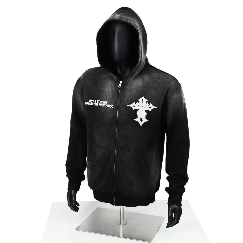 TOPSHOW Custom Black Cotton French Terry Vintage Zip up Acid Wash Embroidered Heavyweight Streetwear Hoodies & Sweatshirts Men
