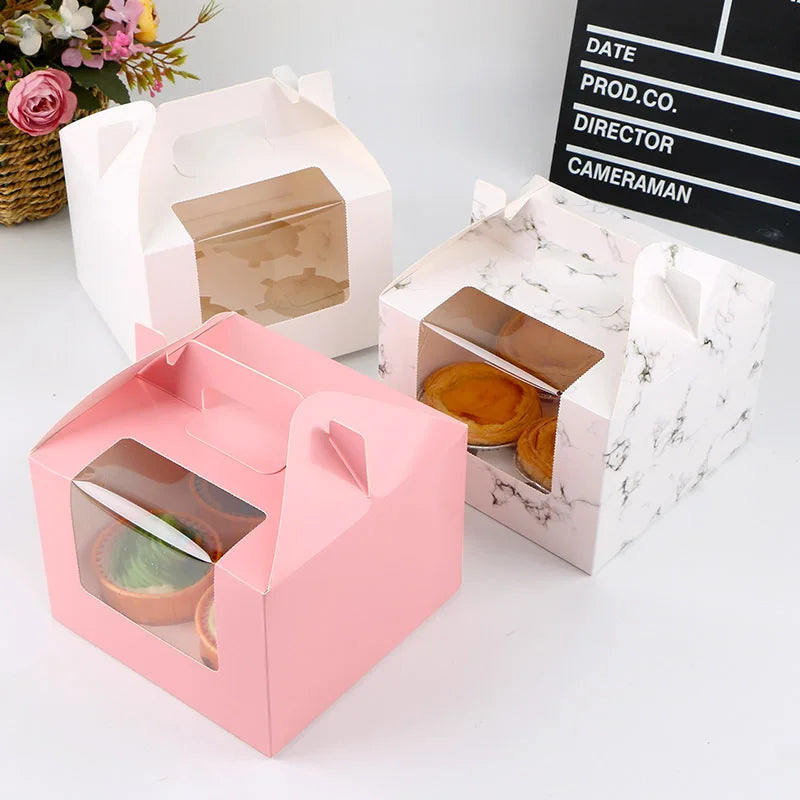 Foldable Cardboard Muffin Cake Box Korean Cupcake Boxes With Clear Pvc Window Handle
