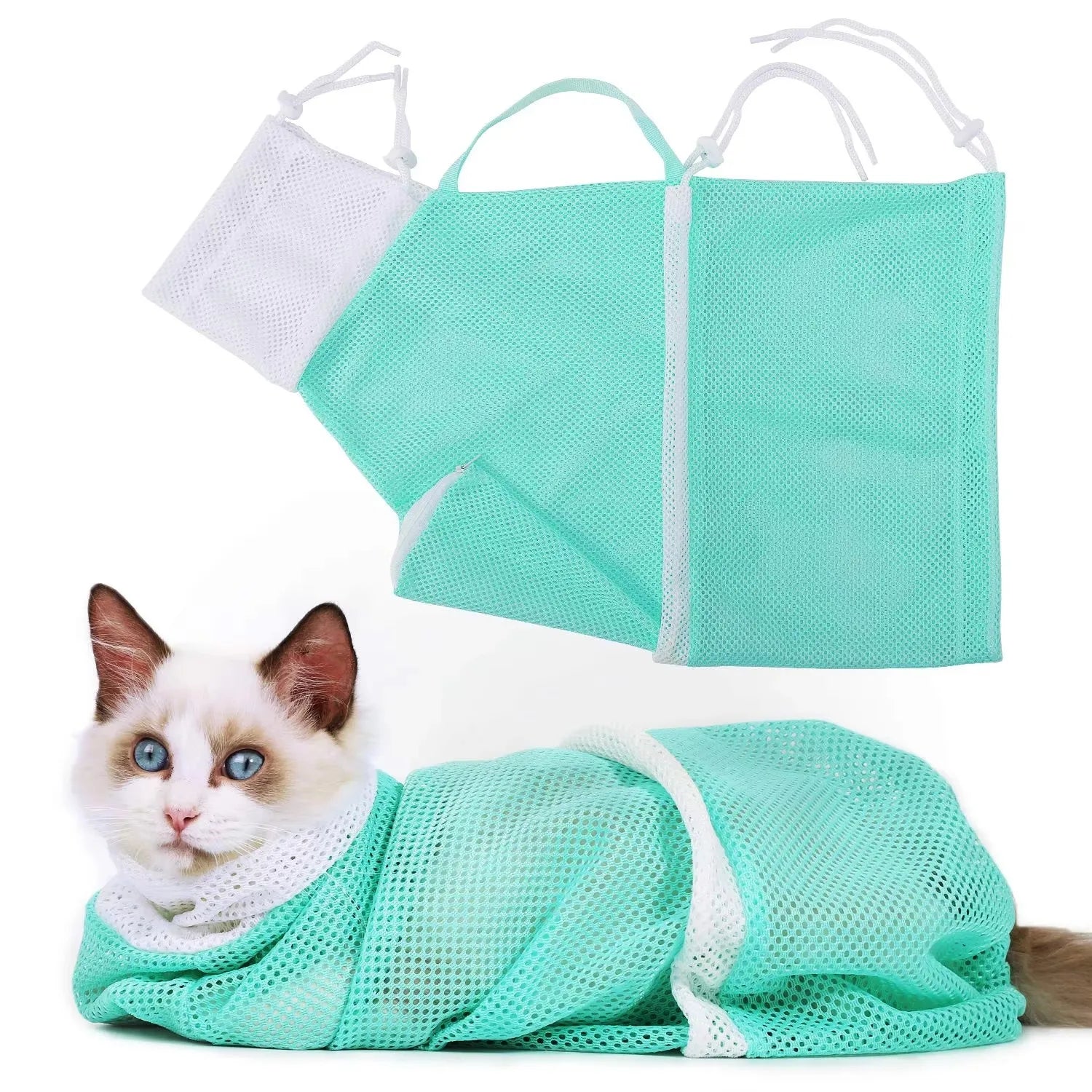 Cat Bathing Bag Anti-Scratch Polyester Mesh Grooming Cat Shower Bath Bag Adjustable Cat Washing Bag