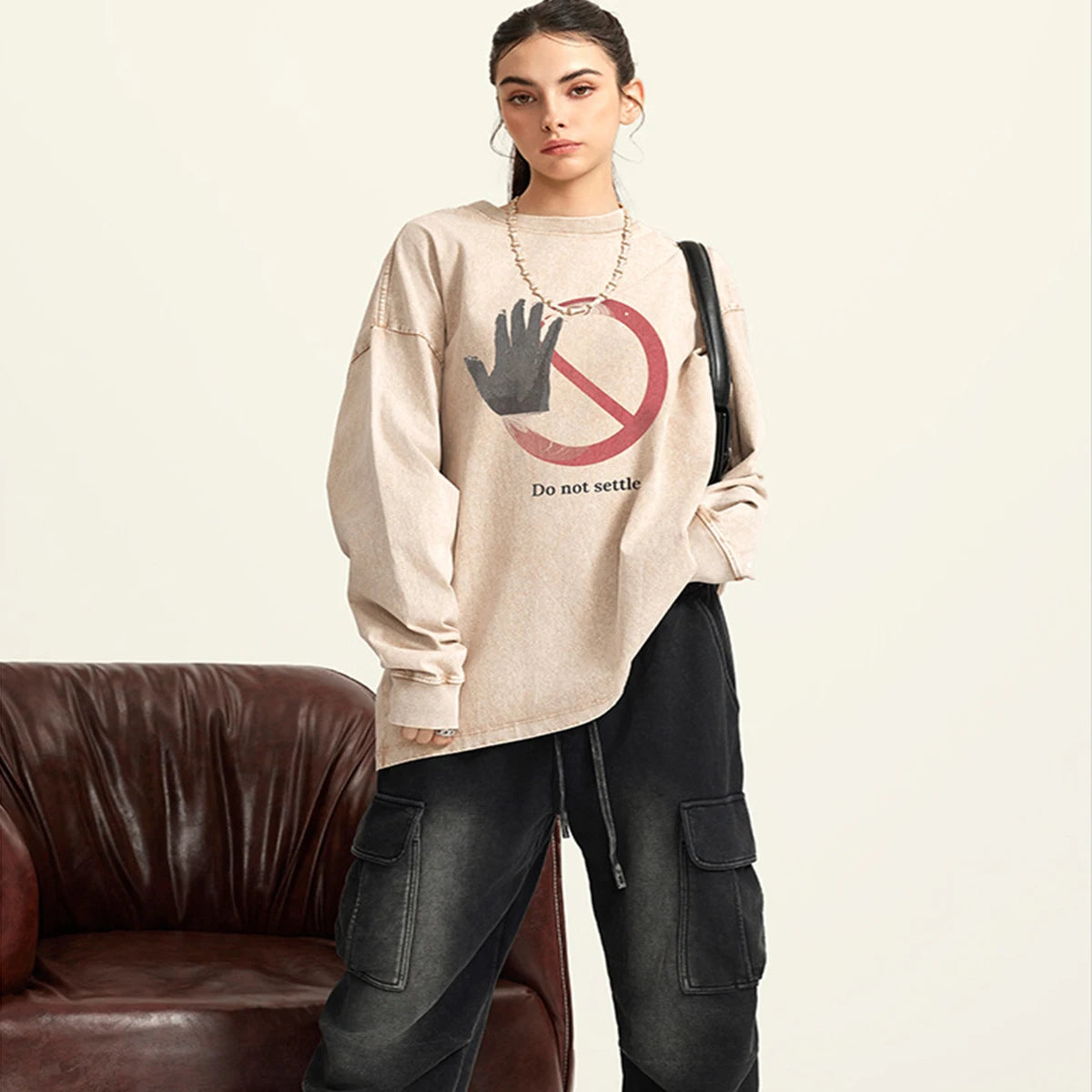 270G American Trend Long Sleeve Retro Wash T-shirt 100% Cotton Breathable round Neck with Print Pattern Loose Spring Style