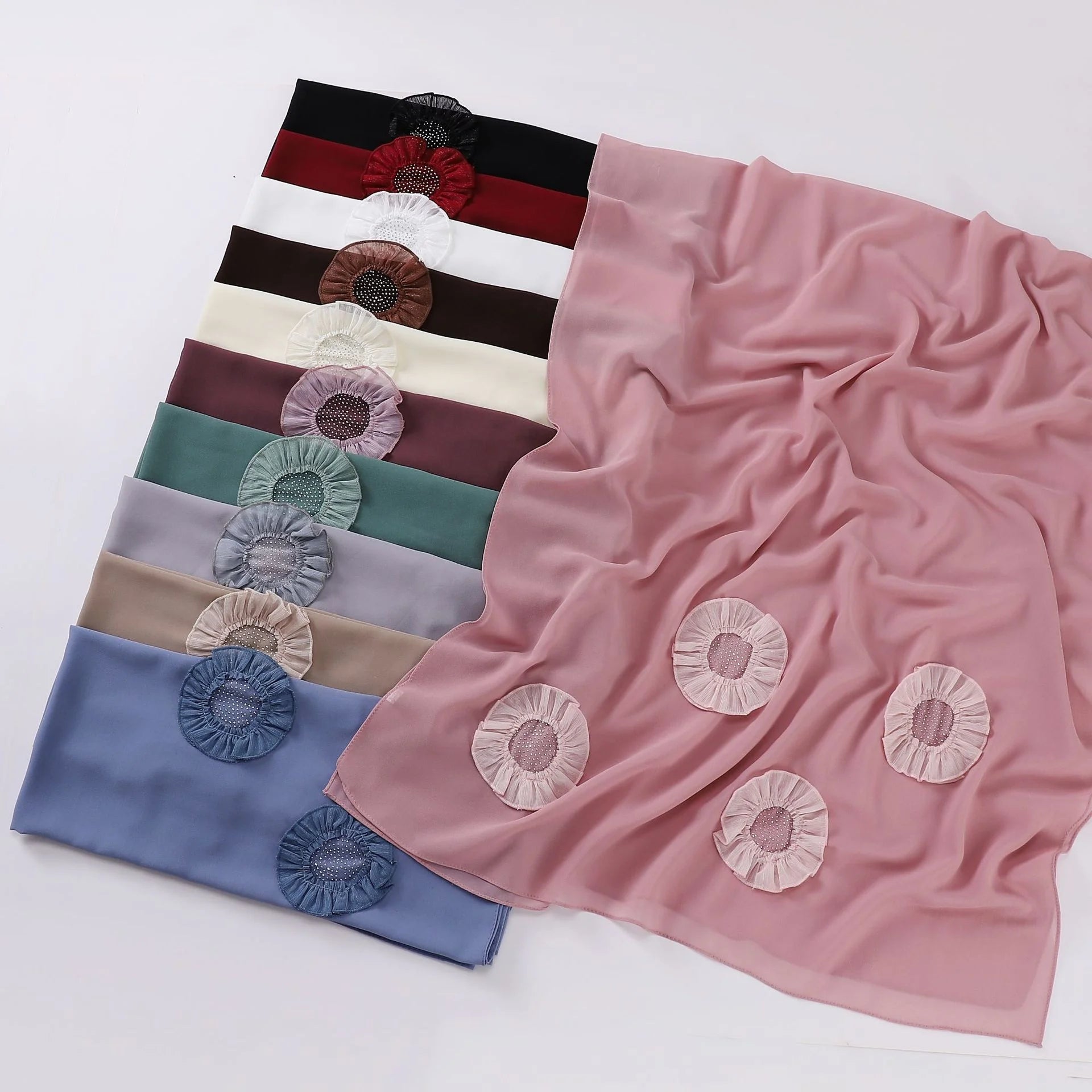 Zifeng OEM Turban Headwear New Circle Pleated Lace Diamond Pearl Chiffon Scarf