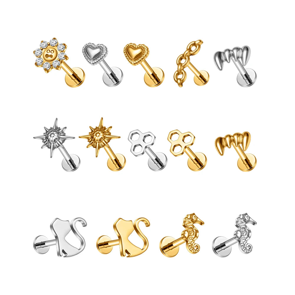 ASTM F136 Titanium 16G Labret Piercing Ear Nose Studs Zircon Inlay Cartilage Tragus Earrings Internal Thread Women Pierc Jewelry