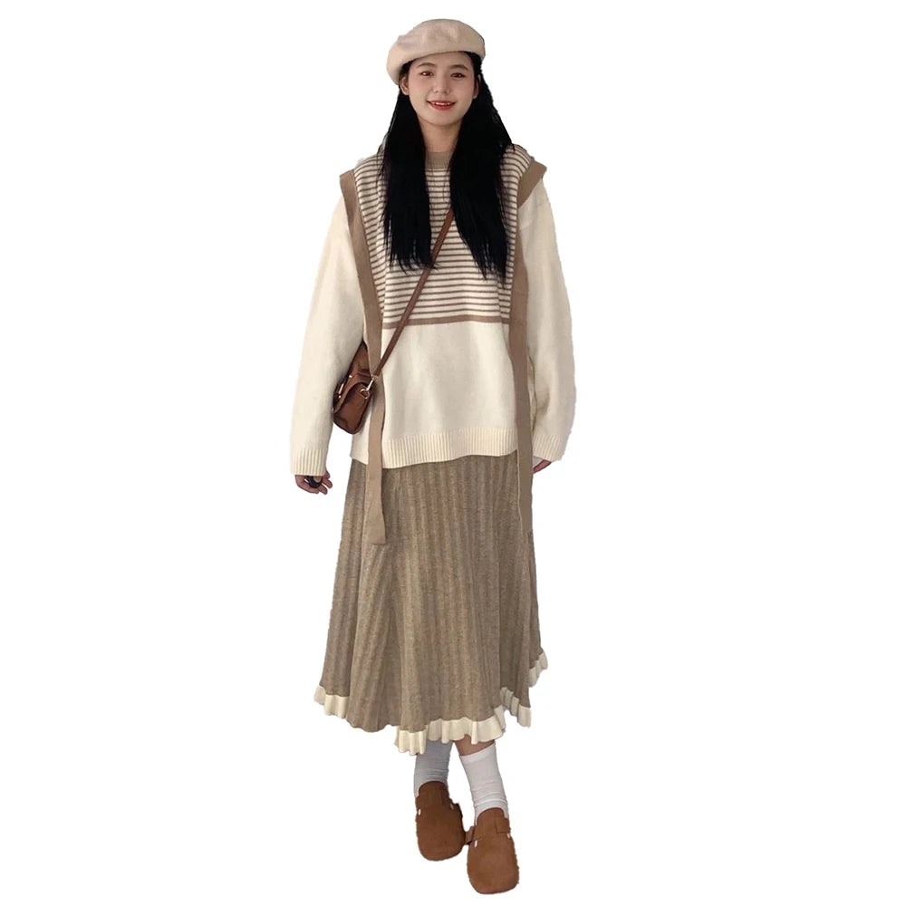 Spring Autumn Casual Knitwear Set Striped Knit Sweater Pullover and Ruffle Pleated Long Skirt Knitted Two-Pieces Set for Women