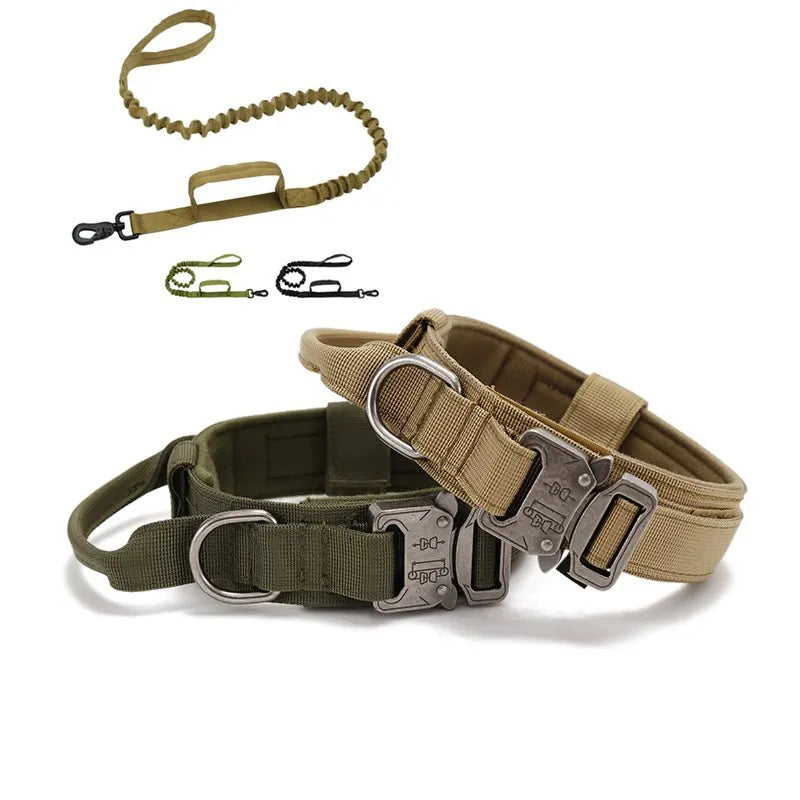 Strong Tactical Dog Collar with Double Handles Leash Outdoor Walking Durable Alloy Buckle Pet Collars