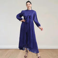 Manufacture Custom High Quality Miyake Pleated Modest 2 Piece Sets for Dailywear Solid Navy Blue Sleeveless Dress Long Jacket