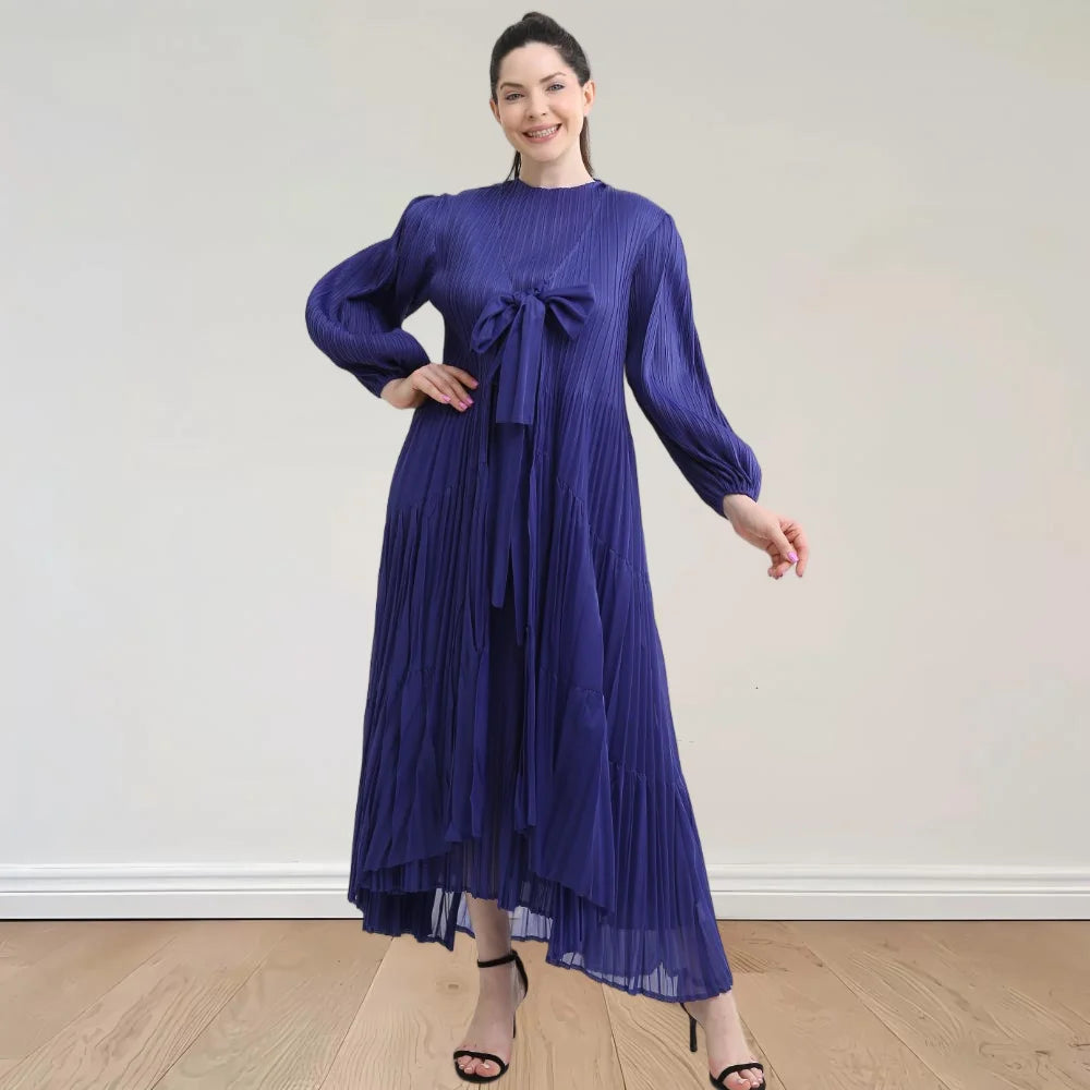 Manufacture Custom High Quality Miyake Pleated Modest 2 Piece Sets for Dailywear Solid Navy Blue Sleeveless Dress Long Jacket