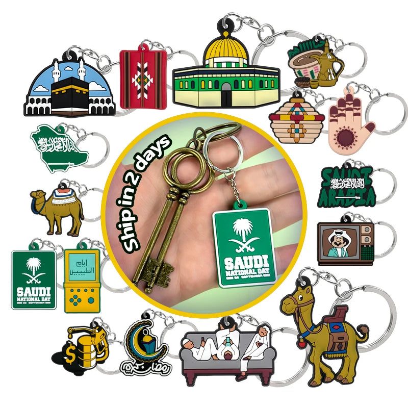 Custom Saudi Flag Arabia PVC Desert Camel Souvenir Gift Items Keychain Accessories Keyring Bag Charms for Business Promotions
