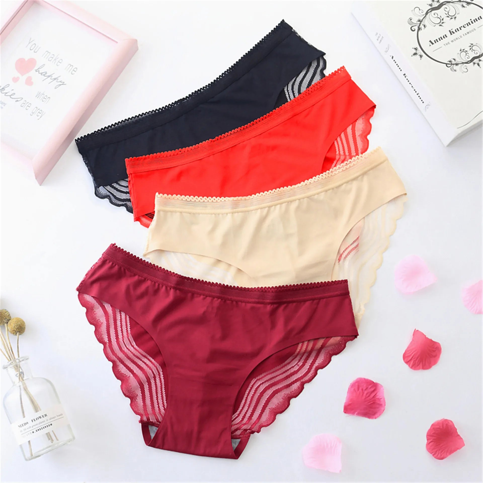 High Quality Seamless Lace Satin Ice Silk Underwear for Ladies Romantic Sexy Briefs Solid Pattern Knitted Weaving Plain Dyed