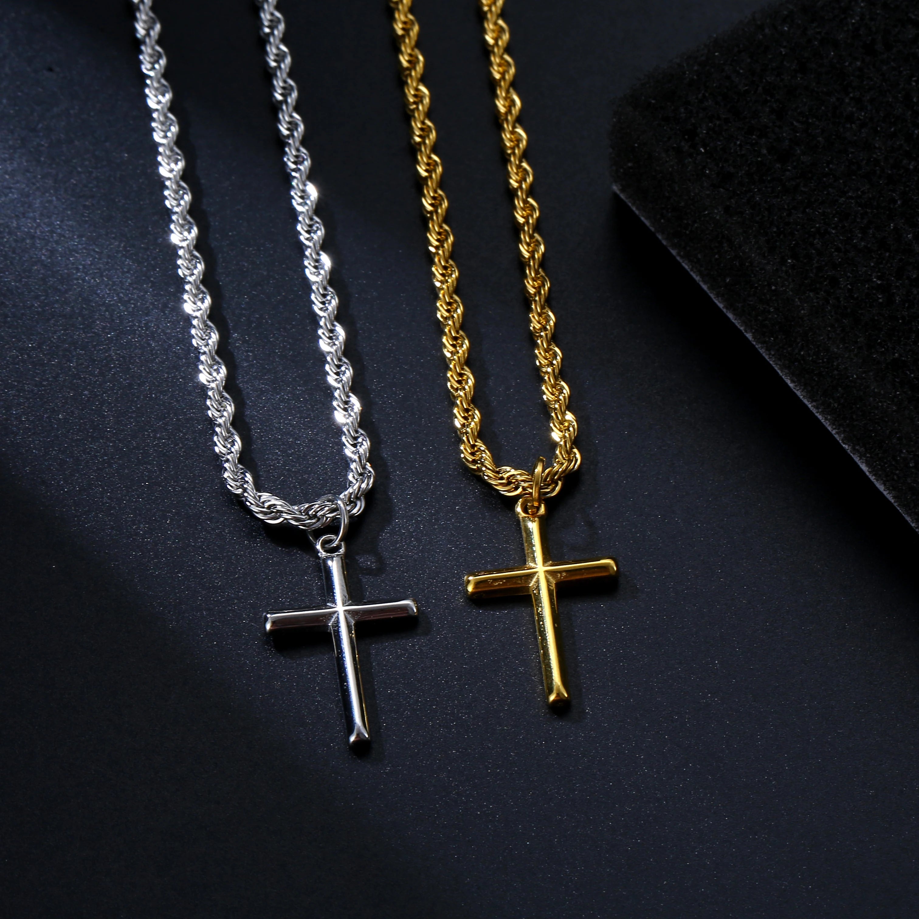 Crucifix Rope Chain Stainless Steel Religious Charm Jewelry Valentine Gift Saint Christopher Pendant Silver Cross Necklace Men