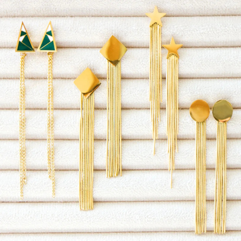 Wholesale Popular Stainless Steel Geometric Rectangle Star Earrings Long Chain Tassels Stud Tassel Earring Jewelry Bulk