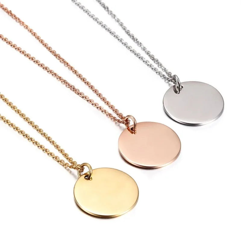 Stainless Steel Silver 18K Gold Rose Gold Black Plated Round Disc Tag Necklace Custom Engraving Pendant Link Chain Necklace