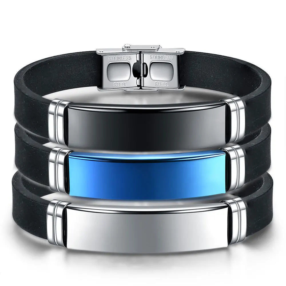 New Stainless Steel Men's Vintage Simple Leather Bracelet Silicone Bracelet Stainless Steel Engraved Bracelet