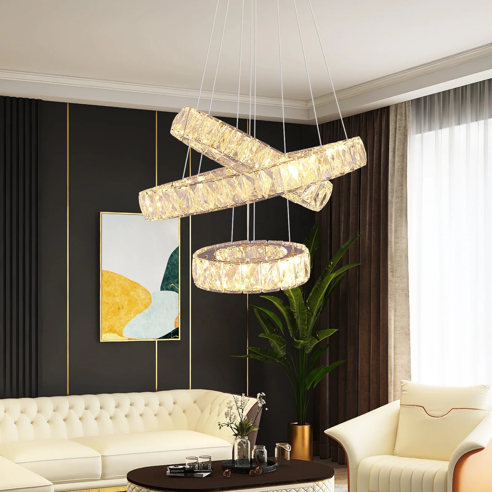Apartment Decor White Warm 47W LED Round Ring Modern Crystal Lamp Chandelier With Crystals