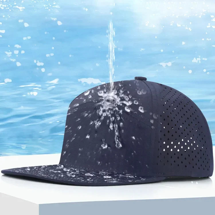 Wholesale Blank Custom 6 Panel Laser Cut Hole Flat Bill Water Resistant Hats Cap Pvc Rubber Patch Logo Waterproof Snapback Hat
