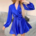 S-XL Solid Satin Style Dress Commuter Long Sleeved V-neck Short Dress