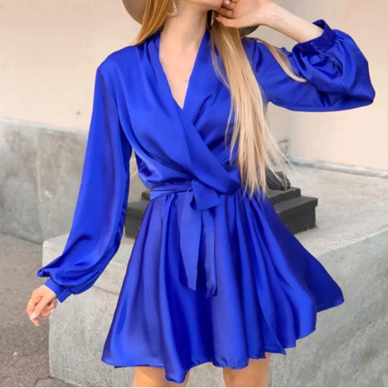 S-XL Solid Satin Style Dress Commuter Long Sleeved V-neck Short Dress