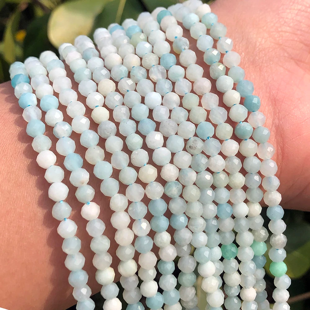 3/4MM Faceted Natural Amazonite Gem Stone Beads round Shape for DIY Bracelet or Jewelry Making