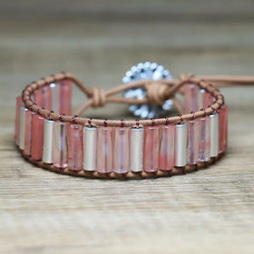Dainty Watermelon Crystal Bracelet for Women Jewelry Handmade Yoga Meditation Bohemian Leather Wrap Stone Beaded Bracelet