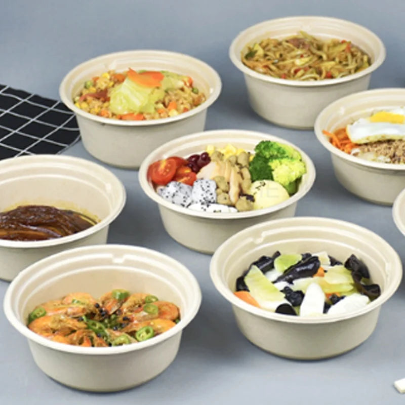 Custom Two Layers Bowls with Lids 32 OZ Shallow Eco Friendly Disposable 100% Biodegradable Modern Sugarcane Bagasse Camping Bowl