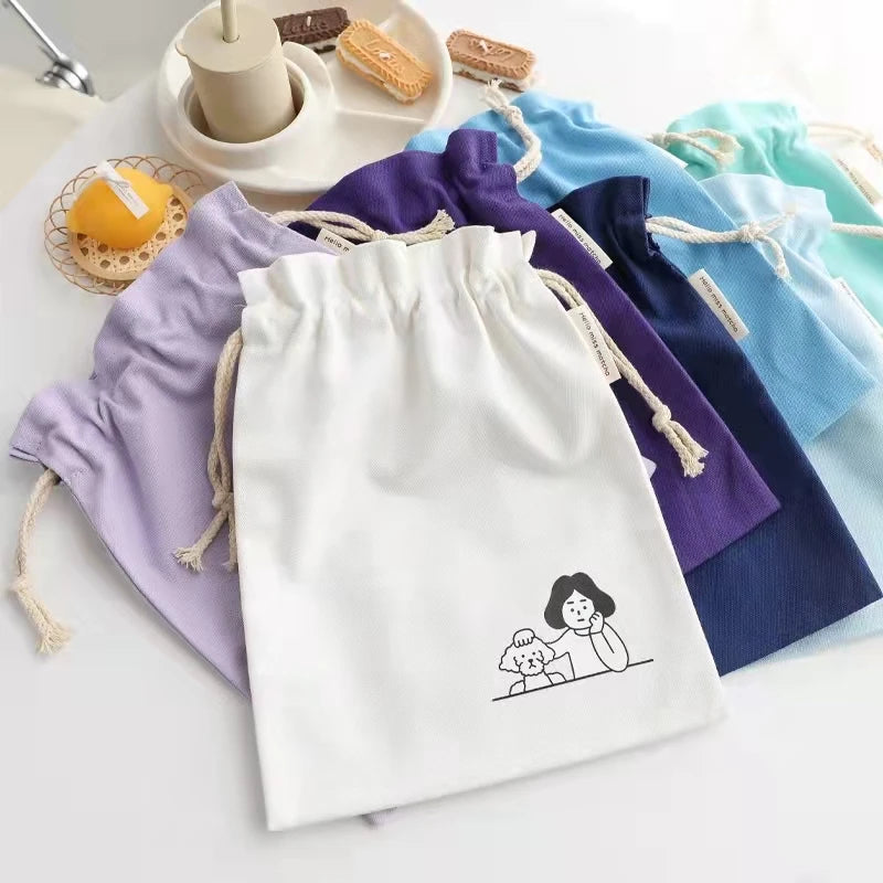 Printed Cotton Bag Mouth Drawstring Large and Small Storage Dust Bag Japanese and Korean Canvas Bundle Pocket Pure Color Accept